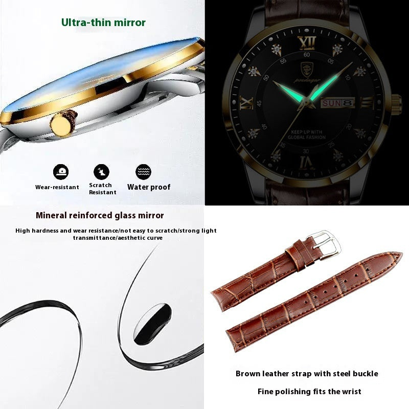 Men's Ultra-Thin Quartz Watch – Sapphire Crystal Glass & Leather Strap